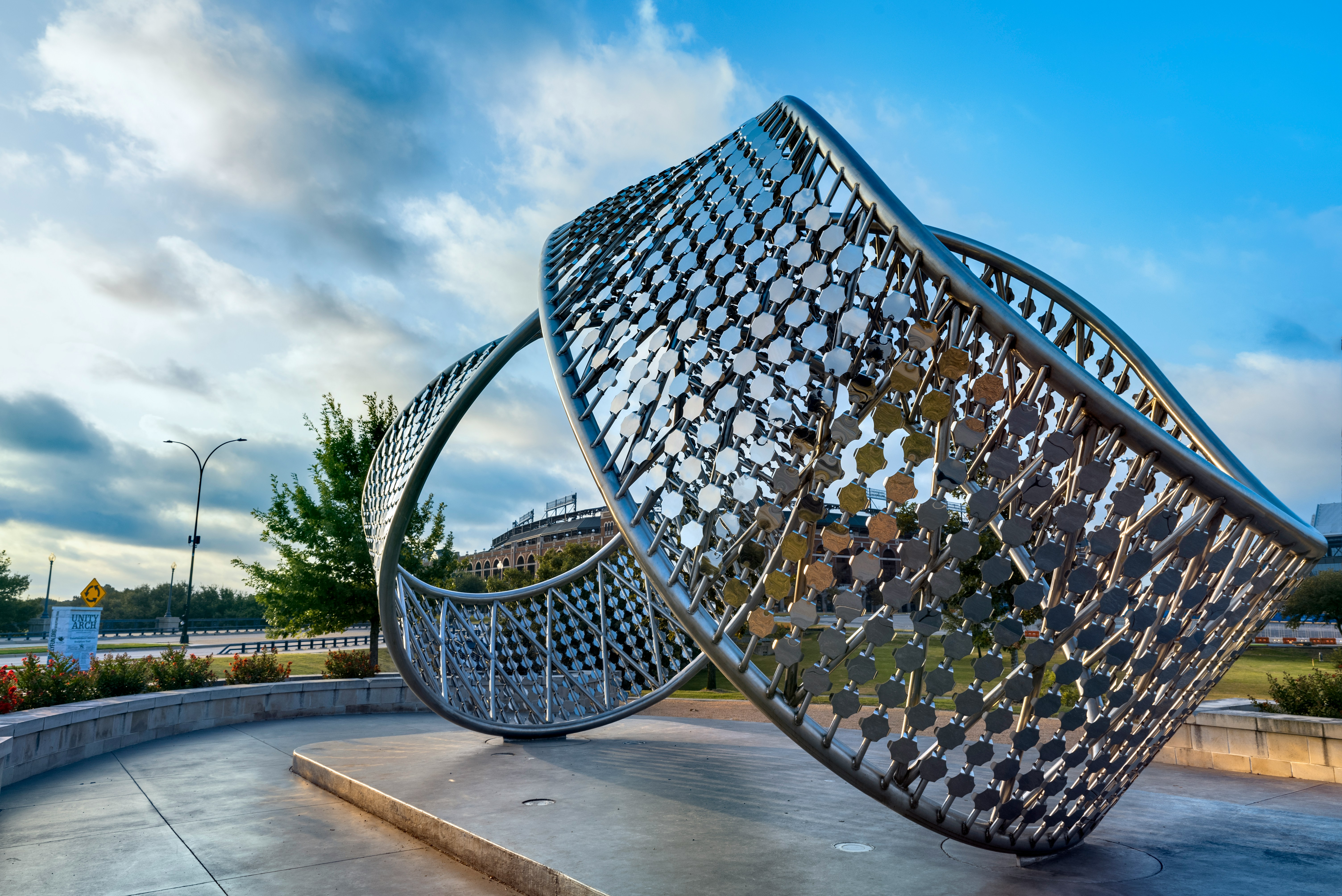 Abstract metal sculpture in a city