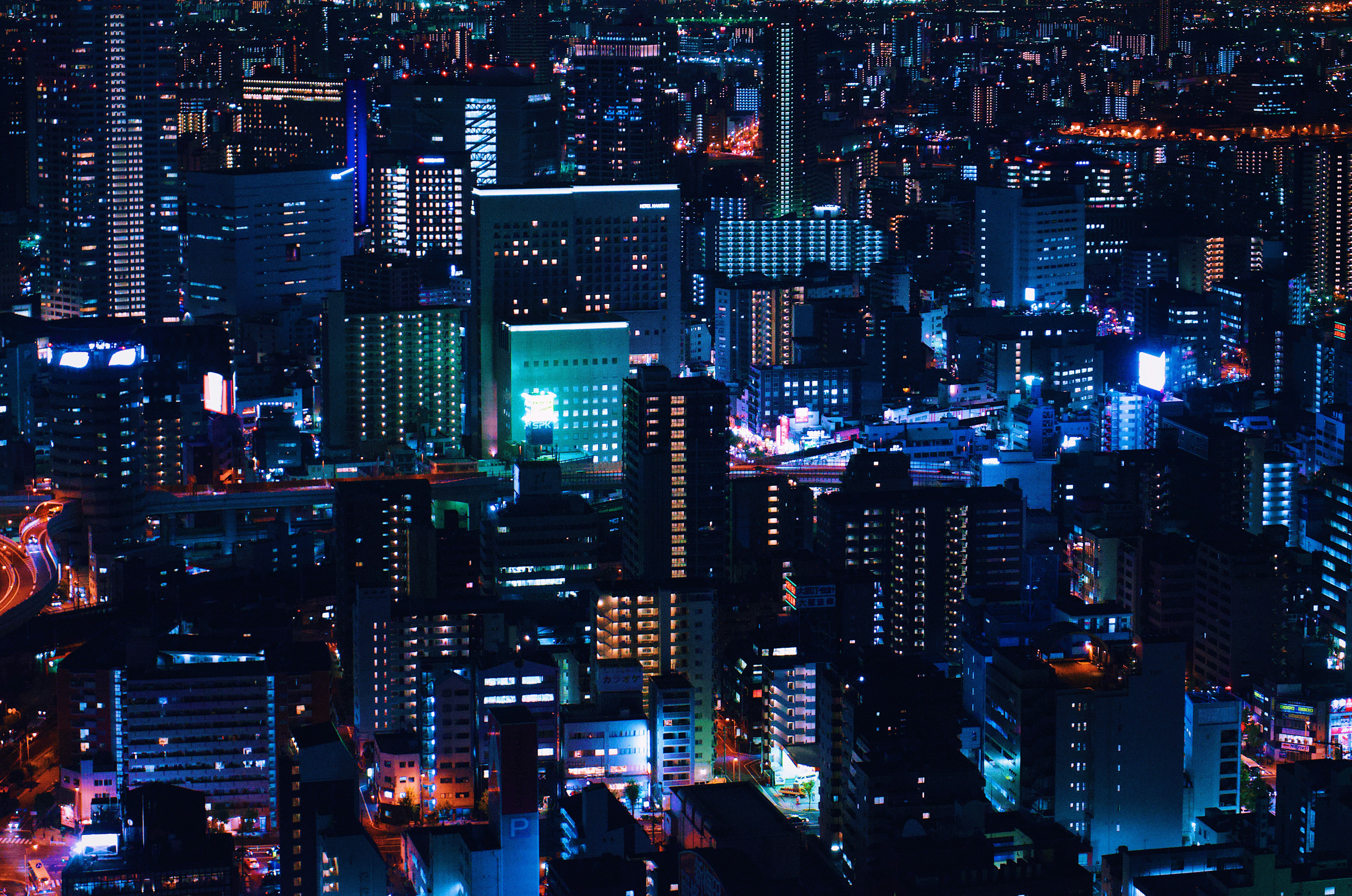 City skyline illuminated at night
